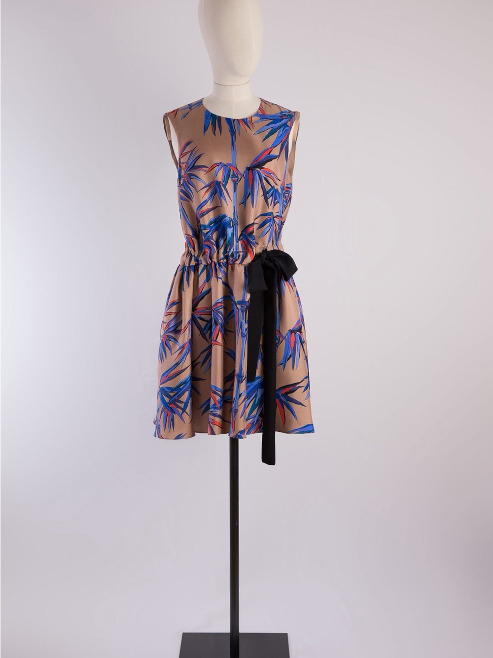Emilio Pucci Beige Mini Dress with Blue and Pink Leaf Print